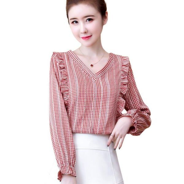 

vintage plaid blouse women shirts v-neck flare sleeve fashion ruffles blouses casual plus size camisas mujer women's &, White