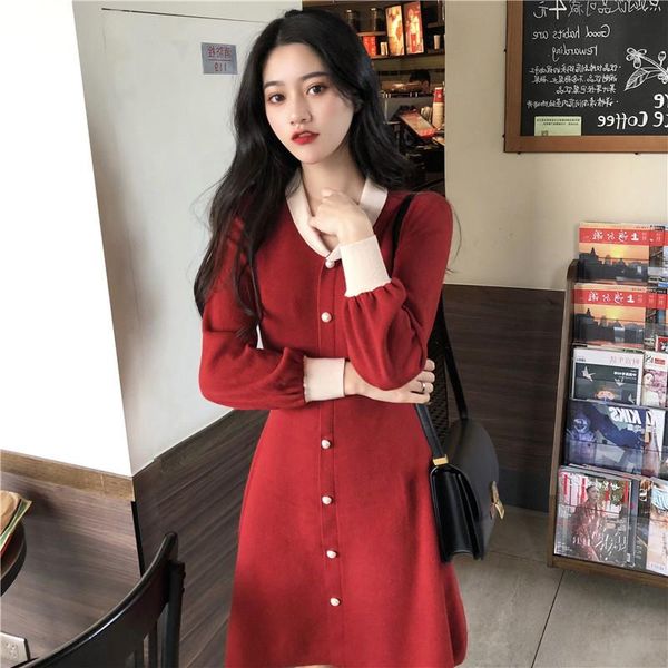

casual dresses women dress in the spring and autumn 2021 knitting french style restoring ancient ways, Black;gray