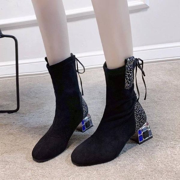 

ins thin boots 2021 winter thick-heeled rhinestone mid-tube women mid-heel all-match fashion tide socks, Black