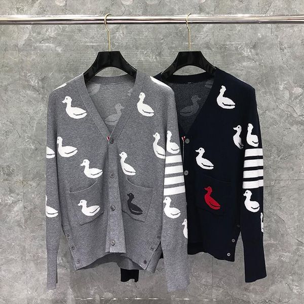 

hoodies fashion tb thom brand sweaters men women slim fit o-neck cardigan clothing striped wool duck pattern winter casual coat, Black