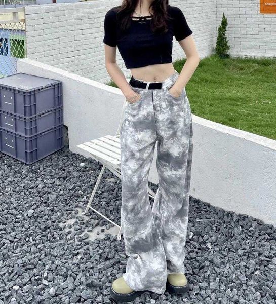 

202 ins chaorenguan tie dyed straight jeans for women, Blue