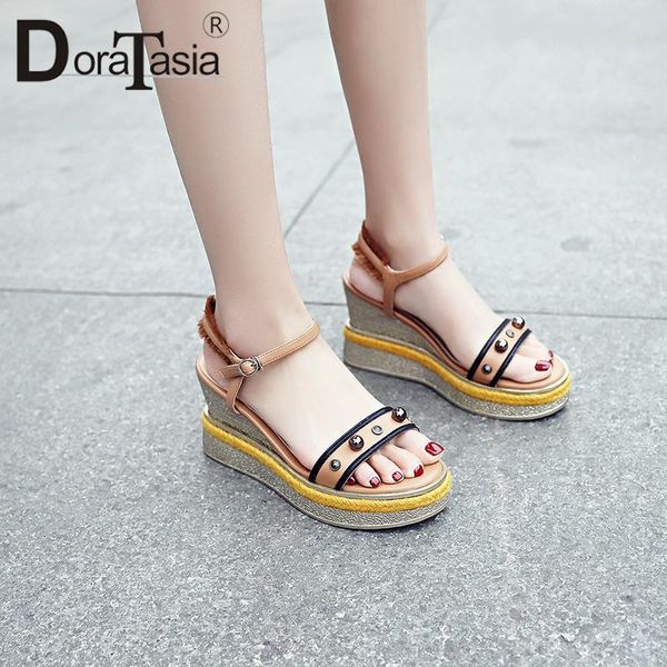 

women's genuine leather ladies wedges high heels metal decoration shoes woman casual party ol summer sandals, Black