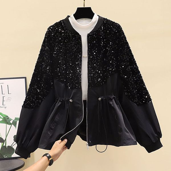 

women's jackets korean sequin black bomber jacket women clothes 2021 autumn loose short splicing zipper outerwear long sleeve fema, Black;brown