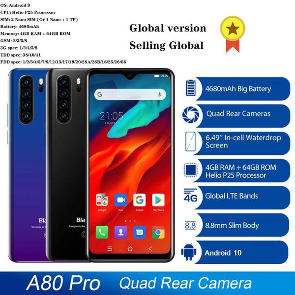 

walkie talkie global version blackview a80 pro 4glte smartphone quad rear camera octa core 4gb ram 64gb rom waterdrop screen 4680mah battery