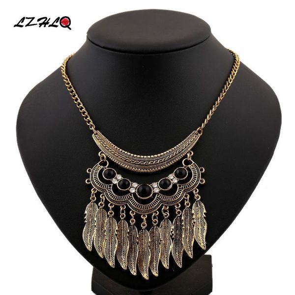 

pendant necklaces liuxsp women blue stone luxury rhinestone necklace vintage leaf tassel plating ethnic carving alloy jewelry statement, Silver