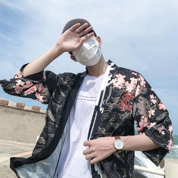 

men's jackets hip hop men streetwear jacket chinese fire dragon print 2021 harajuku kimono japanese summer short thin gown japan style, Black;brown