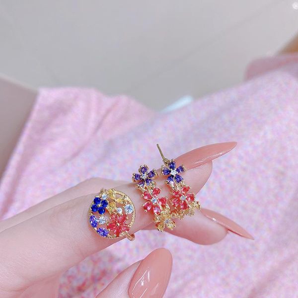 

wedding rings origin summer exquisite multicolor cubic zircon enamel flowers charm for women hollow round index finger jewelry, Slivery;golden