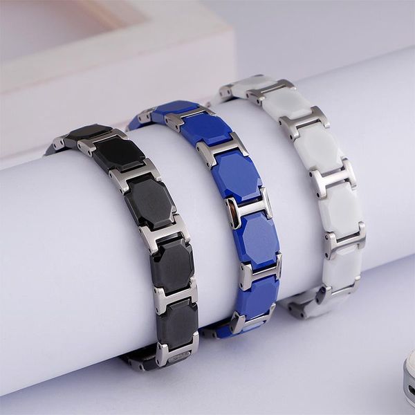 

link, chain black/white ceramic bracelet magnetic stone therapy health stainless steel biker bracelets men's women jewelry pulseras hom