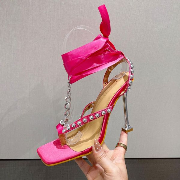 

black/pink women sandals cross-strap lace up gladiator high heels rivet chain sandals square toe stiletto ladies party prom shoe