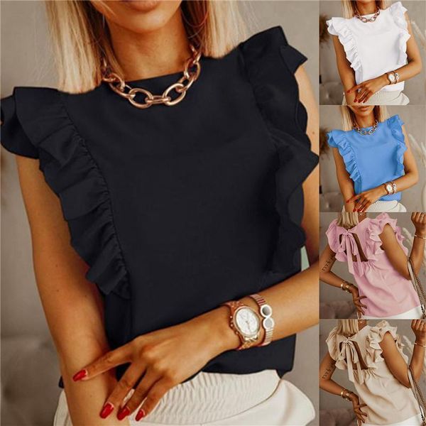 

women's blouses & shirts ruffles short sleeve blouse summer backless lace up solid o-neck pleated elegant loose ladies 2021 women casua, White