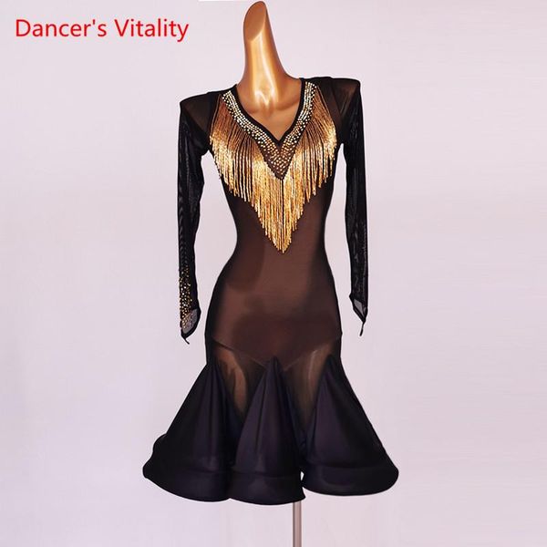 

stage wear latin dance dress diamond v-neck mesh skirt long sleeve performance clothes high-end custom child competition clothing, Black;red