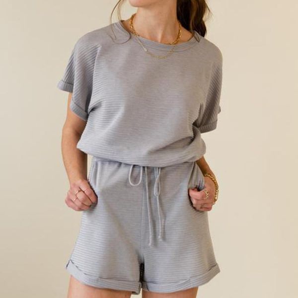 

women's tracksuits women tracksuit oversize shorts set solid stripe short sleeve shirt elastic waist suit female two pieces sets lounge, Gray