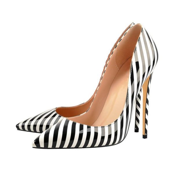 

fashion black and white striped high heels with pointed toes for ladies large size shoes dress