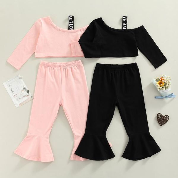 

clothing sets 2 pieces kids suit set letter print long sleeve off shoulder + solid color flared trousers for spring fall 1-5 years, White