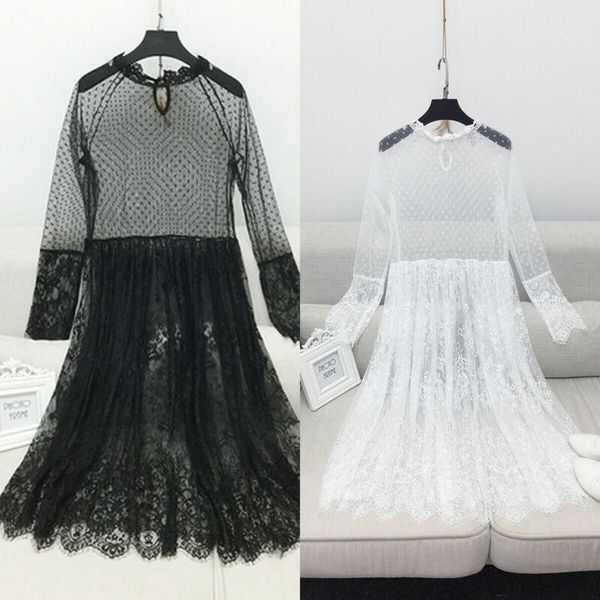 

casual dresses women long sleeve mesh embroidered perspective loose clubwear dress cover ups, Black;gray