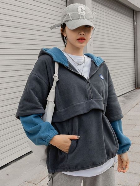 

dazy colorblock letter patched drop shoulder drawstring hem fleece hoodie without tee p4qz#, White;black