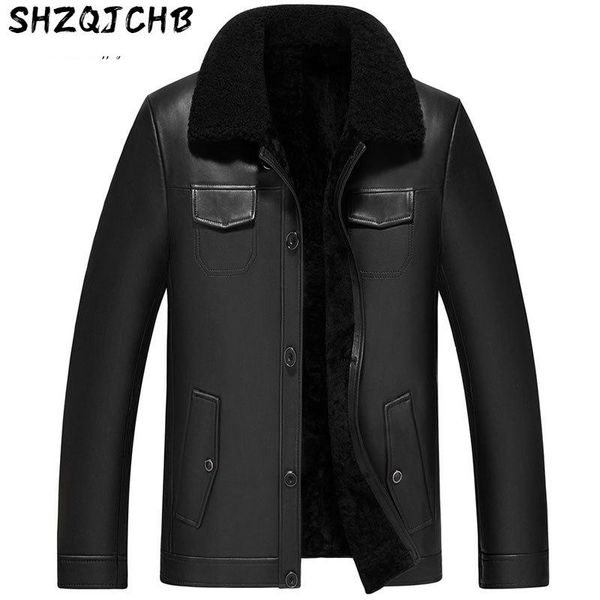 

men's leather & faux shzq fur integrated coat lamb wool sheep jacket motorcycle, Black