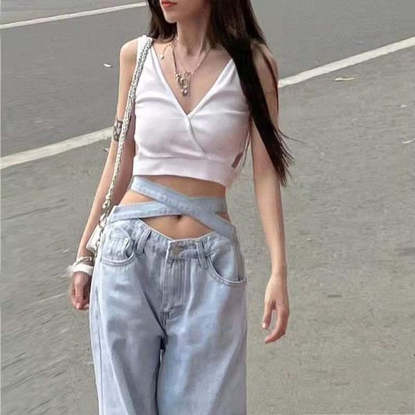 

women's jeans pants design retro small waist light blue female tie high loose casual y2k wide-leg denim trousers