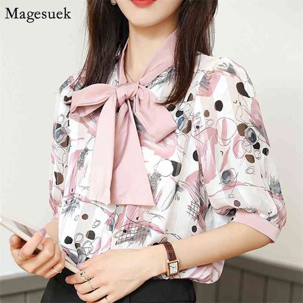 

spring summer chiffon blouse shirt bow print short sleeve loose female shirts office casual women blusas 10084 210512, White