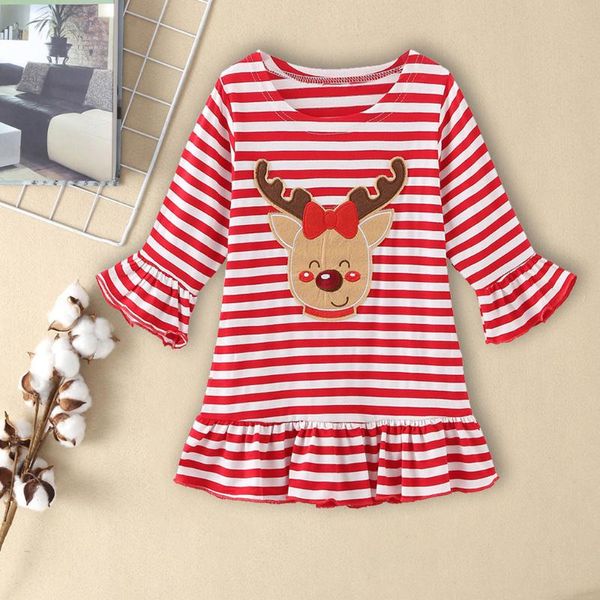 

toddler baby girls flare sleeve christmas deer striped print dress clothes for outfits ropa navidad q5 girl's dresses, Red;yellow