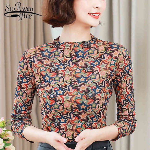

autumn fashion women casual blouses elegant clothing long sleeve o-neck printed slim fit 6009 50 210508, White
