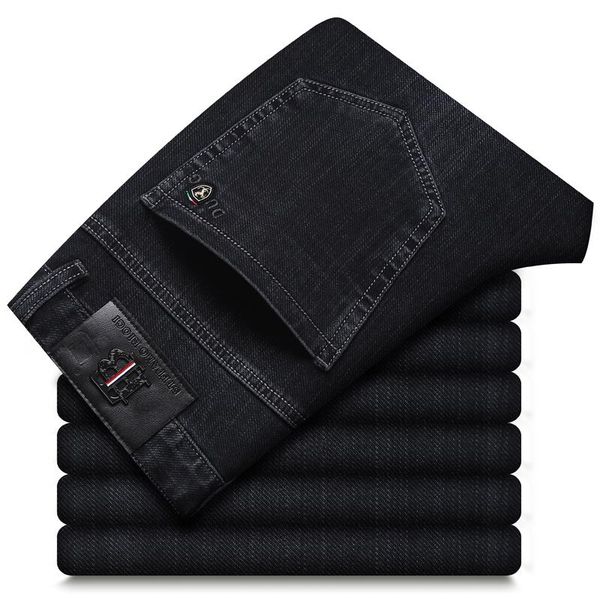 

men's jeans brand thick classic fashion business straight high waist denim trousers male autumn winter stretch casual pants, Blue
