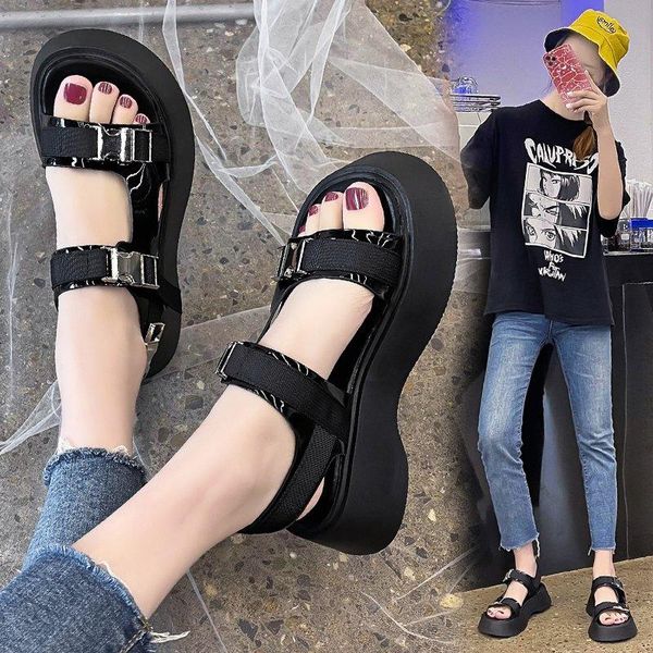 

dress shoes sports sandals women's summer casual flat-bottomed student breathable beach thick-soled roman style x823, Black