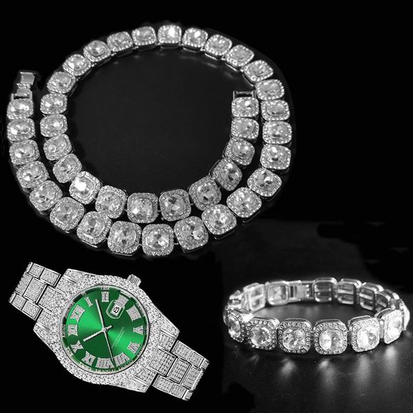 

chains 3pcs kit hip hop12.5mm prong micro pave cubic zircon alloy bling tennis chain necklace +watch+bracelet for men women jewelry, Silver