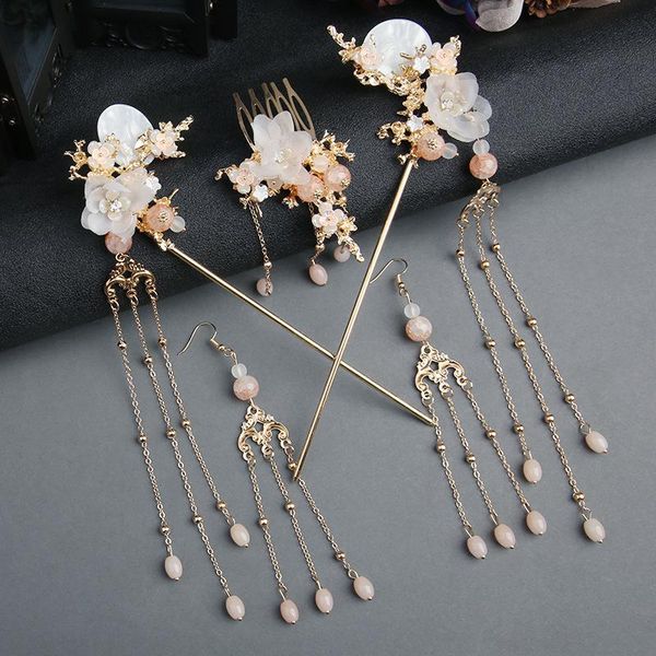 

hair clips & barrettes chinese hanfu headdress women's ancient style gold flower hairpin bridal crystal comb ornament set, Golden;silver