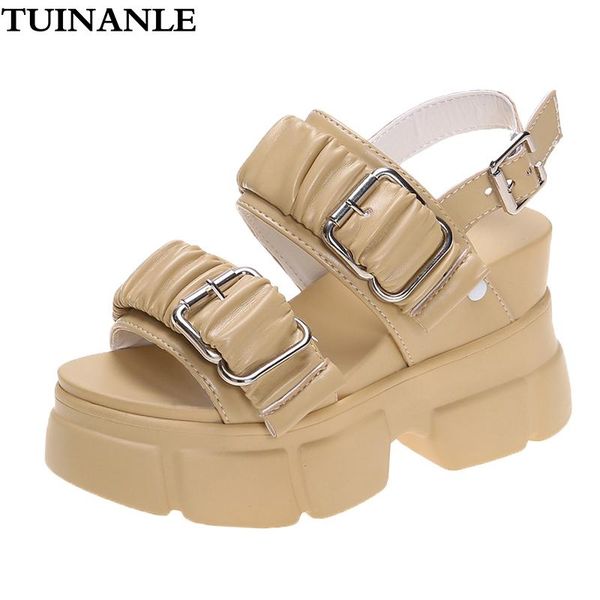 

dress shoes tuinanle platform sandals women 2021 summer khaki adjustable buckle strap chunky pleated female wedges sandalia, Black