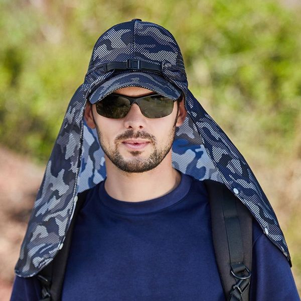 

wide brim hats summer outdoor men camouflag pattern baceball hat face neck protection sun removable hiking windproof uv caps, Blue;gray