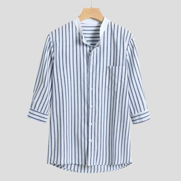 

men's casual shirts shirt baggy linen blend striped three quarter sleeve pocket stand collar beach party loose plus size, White;black