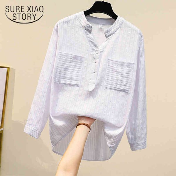 

autumn korean style white shirt long sleeve v-neck cotton casual loose winter blouses for women 11686 210415