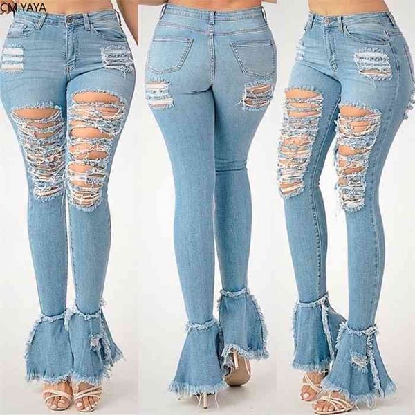 

summer denim pants women retro solid hole jeans ripped flare trousers street skinny high waist lady pants gl8354, Blue