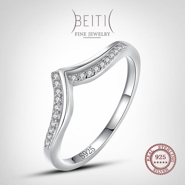 

cluster rings beitil stylish simple v shape genuine 925 sterling silver clear zircon for women wedding statement jewelry finger ring, Golden;silver