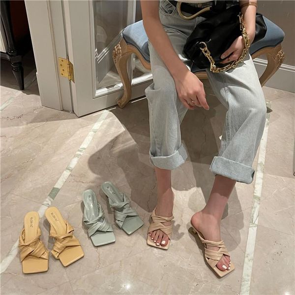 

high-heeled shoes lady ladies' slippers square toe slipers women low luxury slides 2021 summer thin designer rome basic fashion, Black