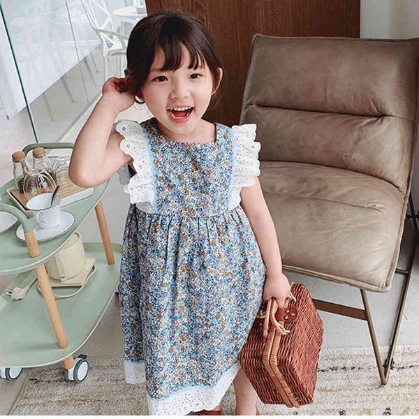

floral children's dress girl clothes sweet lace stitching princess summer print sleeveless 210515, Red;yellow