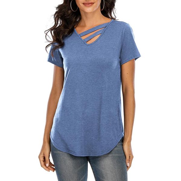 Damen-T-Shirt, Damen-Sommer-Top, weiches Kurzarm-Shirt mit V-Ausschnitt, Frühling und einfarbiger dekorativer Gürtel