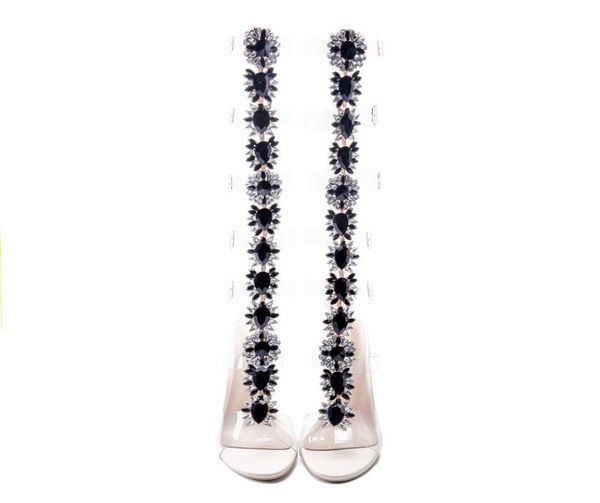 

pvc transparent gladiator sandal woman open toe t-strap big rhinestone diamond clear high heel shoes women summer long boot sandals, Black