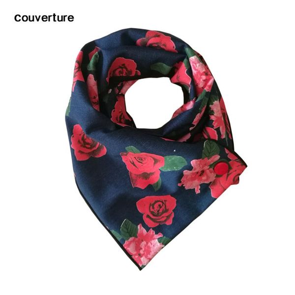 

scarves couverture 100% cotton women fashion tube scarf shawl luxury denim roses flower print echarpe femme scaves with red button, Blue;gray