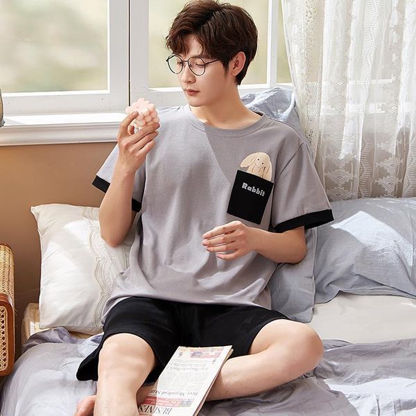 

men's sleepwear summer men pajamas black cotton patchwork short-sleeves cartoon print pocket homewear cute o-neck shorts 2pcs set loung, Black;brown