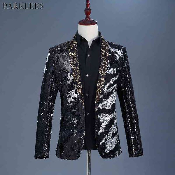 Blazer nero con paillettes glitterato collo a scialle smoking giacca da uomo Stage Club Prom Suit giacche uomo festa di nozze cantante costume Homme 210522