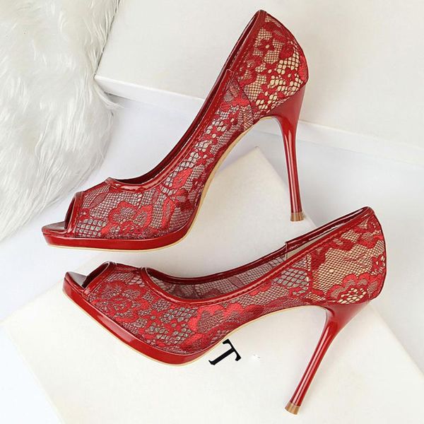 

dress shoes 2021 women 9cm high heels peep toe green hollow fetish pumps valentine platform mesh scarpins wedding stiletto red, Black