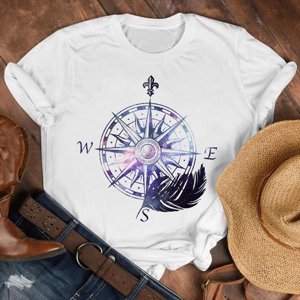 

men lady feather compass cute t shirt geometric 90s fashion clothes mens female print tee graphic, White;black
