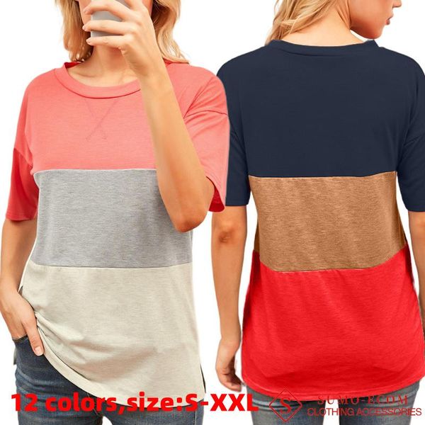 

women's t-shirt summer crisscross neckline color-block crew neck contrast color short sleeve graphic t shirts tunic drop, White