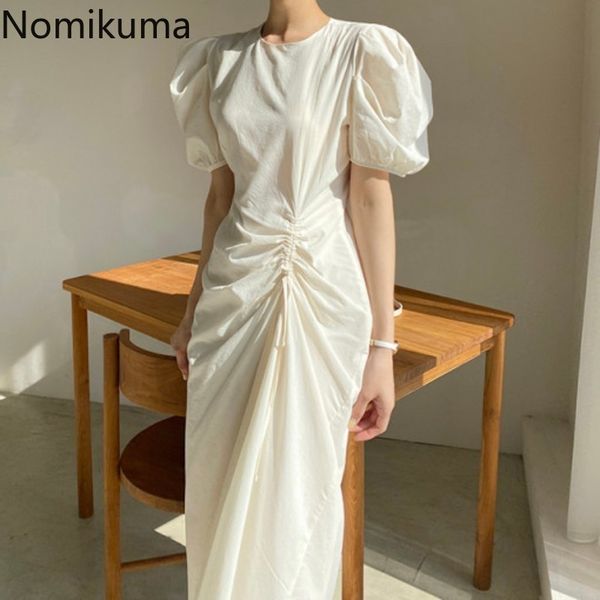 

nomikuma woman dress korean drawstring pleated slim waist dresses puff short sleeve o-neck elegant new vestidos mujer 6h432 210427, Black;gray