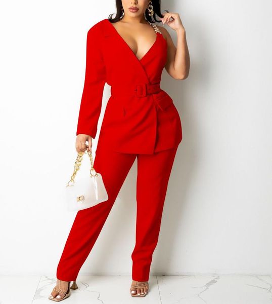 

women's two piece pants women pieces set irregular sleeves blazer with waist belt elegant office ladies classy modest female african su, White