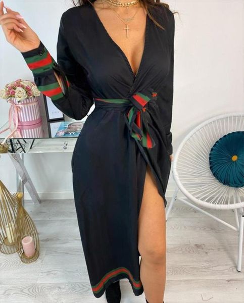 

deep v neck shirt women dresses spring autumn long sleeve chain print mid calf laides lace up party, Black;gray