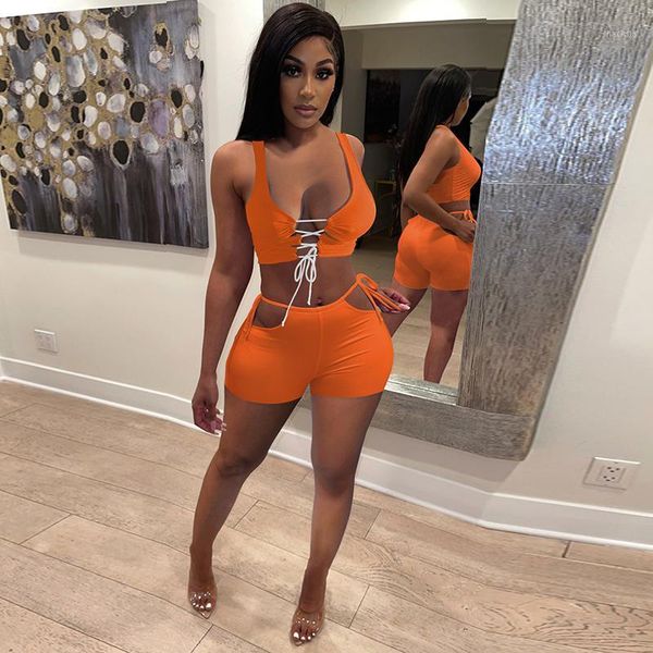 

two piece tracksuits women set club outfit spaghetti strap crop bandage biker shorts streetwear matching women's, Gray