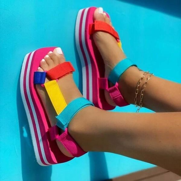 

hook&loop back strap fashion womens platform sandals shoes for women sandalilas sandles woman flat sandal casual summer, Black